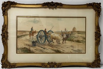 Antique Ornate Frame Watercolor - Italy - Farm - Oxen Cart - Men - Haystack - Country Road - A Bencivenga