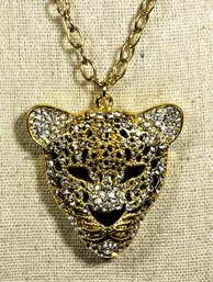 Gold Tone Rhinestone Panther Head Pendant Necklace By Amrita