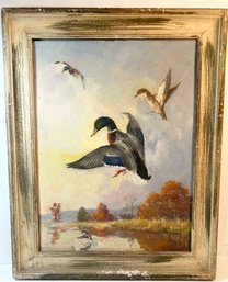 Original Oil On Canvas - Mallard Ducks Flying W/ Wooden Frame