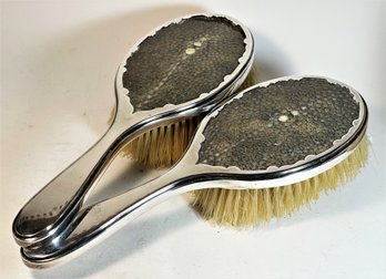 Pair Of English Sterling Silver Shagreen Handled Hair Brushes