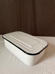 Vintage 40's White Enamel Refrigerator Pan With Lid And Black Trim