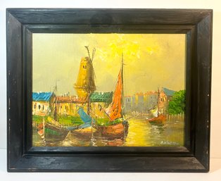 Original Signed Merier? Oil On Canvas Ship Painting W/ Wooden Frame