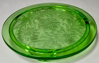 Vintage Green Depression Glass - 3 Footed 10 Inch Diameter Cake Plate - Jeannette Glass Co - Sunflower -