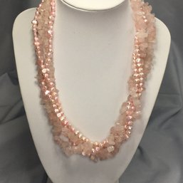 Beautiful Vintage Pink Quartz & Genuine Cultured Fresh Water Pearl Necklace - Very Pretty With Sterling Clasp