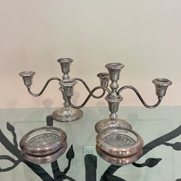 A Pair Of Weighted Frank Whiting Sterling Candle Sticks & 4 Sterling And Glass Coasters