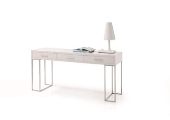 A White Lacquered Modern Desk With Chrome Legs