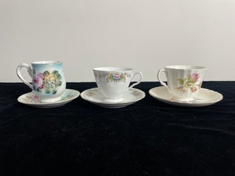 Set Of Three Fine China Teacups With Saucers