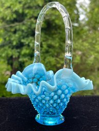 Fabulous Fenton Blue Opalescent Hobnail Ruffled Edge Basket