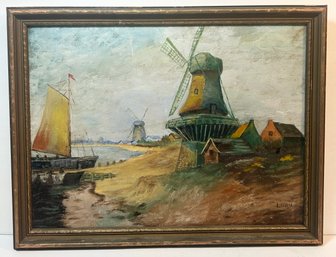 Original Signed Lord Oil On Canvas Windmill Landscape W/ Wooden Frame