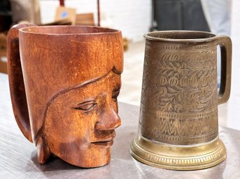 A Vintage Brass Mug And Carved Wood Figural Mug