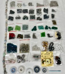 53 Piece Lot Of Assorted Beads And Jewelry Making Materials: Glass, Plastic, Thread