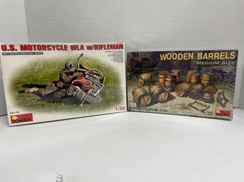 MiniArt. Pair Of 1/35 Model Kits. Wooden Barrels & U.S Motorcycle WLA W/rifle. (#110)