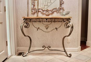 Scrolled Metal And Wood Console Table Adorned With Acanthus Leaves