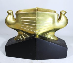 Pair Contemporary Solid Brass Stylized Bird And Wood Bookends