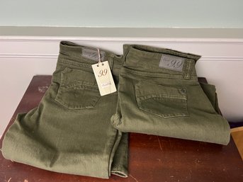 Two Pairs Level 99 Olive Green Chloe Slim Boot Leg Jeans, Size 30 & 31