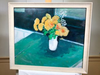 Original James Pascucci Painting - Oil On Panel - Yellow Flowers / Green Table - SKU: 9012-1072 Very Nice !