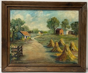 Vintage Framed Oil On Canvas - Farm Scene With Haystacks - M Kehl - 20 X 23.5 - Out Building - Barn - Barnyard