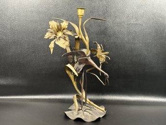 A Magnificent Vintage Candleholder Sculpure In Brass: Heron On Lilypad With Florals