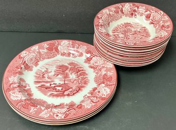 Vintage Lot Red Transferware - Woods Ware English Scenery - Wood & Sons England - 9 In Plates - 6 3/8 Bowls
