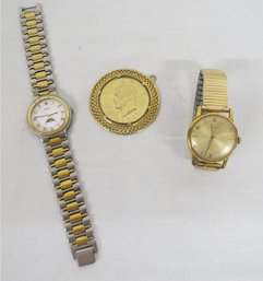 Lot Of Two Men's Wristwatches By Seiko & Timex, And A Gold Plated 72-D Ike Dollar