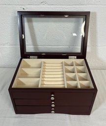 Wooden Jewelry Box - Felt Lined With Drawers, Glass Top  12x8x6.5