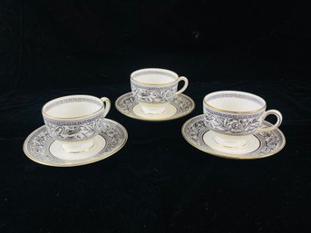 Wedgwood Florentine 'Black Dragon' Cups And Saucers Leigh Shape - Set Of 3