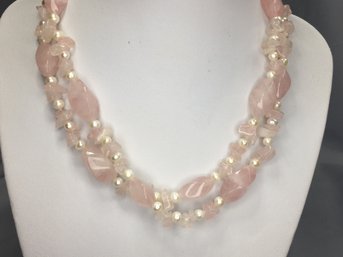 Lovely Vintage Pink Quartz & Genuine Cultured Pearl Necklace With Sterling Silver Clasp - Very Nice Piece