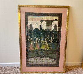 Rajasthani Style Indian Silk Painting Of Dancing Ladies