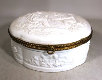 Antique Continental White Porcelain Oval Table Box W Ormolu Mount 7' Wide