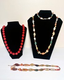 Three Pretty Necklaces- Two Natural Stones And Cinnebar