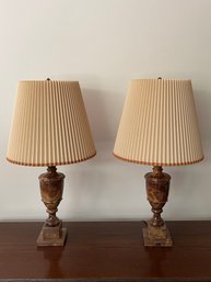 A Pair Of Genuine Alabaster Hand Carved Table Lamps- Made In Italy