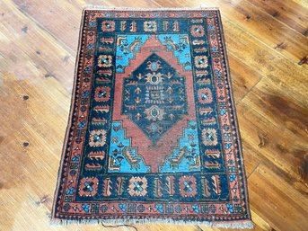A Vintage Indo-Persian Hand Knotted Wool Rug In Geometric Design