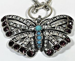 Fossil Silver Tone Elongated Necklace Having Large Rhinestone Butterfly Pendant