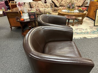 Pair Of Leather Barrel Chairs Brown