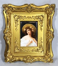 Antique Signed 'wagner' Hand Painted Porcelain Plaque German In Gilt Frame