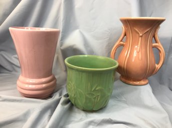 Fantastic Lot Of Three (3) Pieces Of Vintage McCOY POTTERY - 1930s - 1940s - Pink - Green - Orange - NICE !