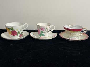 Set Of Three Fine China Teacups With Saucers