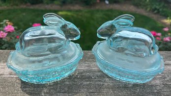 Newer Pair Of Glass Rabbit Bunny On Nest Covered Dishes 6' L  X 5' Height No Issues.