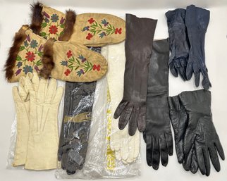 6 Pairs Vintage Women's Gloves & 1 Pair Leather Fur Trimmed Mittens