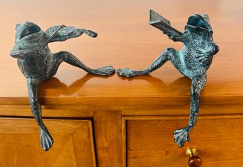 2 Small Sitting Metal Frogs, Musicians