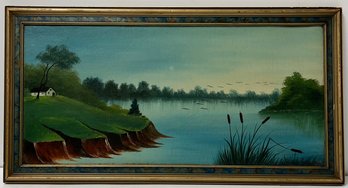 Vintage Antique - Oil On Board Painting - Cottage On River - Blue Green Tone - Decorative Frame - 14.5 X 27.5