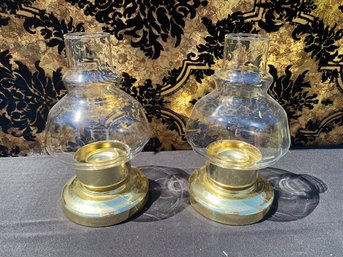 Pair Of Brasstone Candle Holders W/ Hurricane Shades