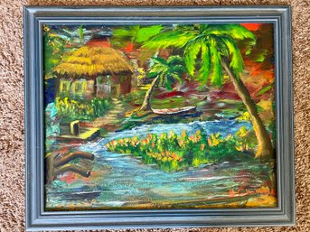 Colorful Island Paradise Framed Oil Painting, Signed