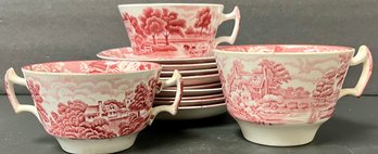 Vintage Red Transferware - Saucers - Cup - Bouillon Cream Soup - Woods Ware - Enoch Woods English Scenery -