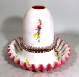 Antique Mt. Washington Rare Fairy Lamp In Cased Pink White Glass Moss Rose Detail