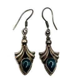 Vintage Sterling Silver Smooth Turquoise Color Agate Stone Ornate Dangle Earrings