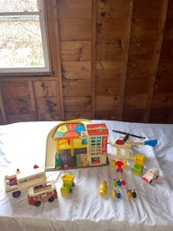 Lot Of Vintage Fisher Price Little People Parking Garage, Vehicles And People