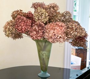 Dried Hydrangeas In Hand Blown Art Glass Vase