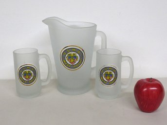 3pc Frosted Glass Beer Pitcher & Mugs - West Point Military Academy