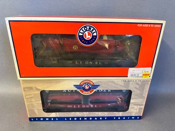 NIB Lionel Trains: Flat Car With Auto Loader & Flat Car With Powerboat, 619427 & 626785